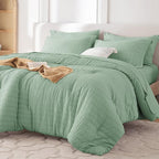 MUXHOMO 7 Pieces Full Comforter Set, Seersucker Bed in a Bag Full Size, All Season Luxury Bedding Set with Comforter, Flat Sheet, Fitted Sheet, Pillowcases & Shams, Sage Green