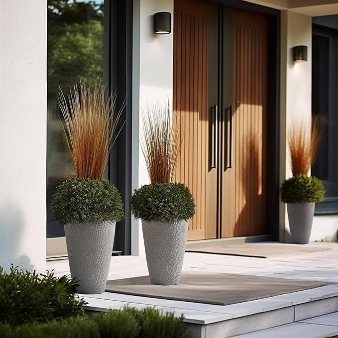 LA JOLIE MUSE 20 inch Tall Planters Set of 2, Tall Round Planters for Outdoor Plants, Grey Flower Pots for Front Door,Patio and Deck,Honeycomb.
