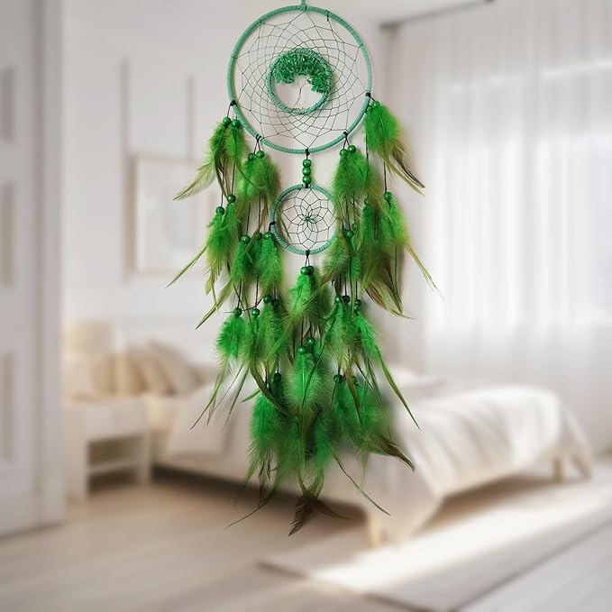 Green Dream Catcher Wall Decor Crystal Tree of Life Dream Catchers Handmade Feather Dreamcatcher Wall Hanging Ornament for Bedroom Living Room Home Decor