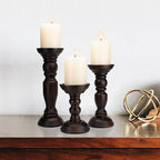 Rustic Wooden Pillar Candle Holders Set of 3, 12'' 9'' 6'' Farmhouse Wood Candle Stand for Table Centerpieces, Vintage Tall Candleholders Fireplace Mantel Decor for Living Room, Dark Brown