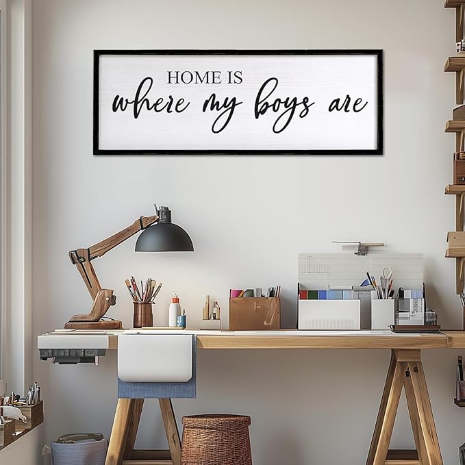 Home is Where My Boys are Sign Framed Wall Art, 32''×12'' Rustic Horizontal My Son Plaque with Black Frame for Baby Kid Boy Son Teen Toddlers Room, Horizontal Mom of Boys Gifts Nursery Decor