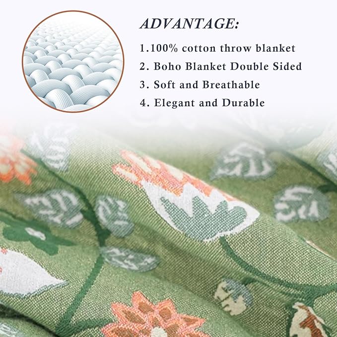 Snycler Boho Throw Blanket for Bed - 100% Cotton Ultra Soft Rustic Quilt Green Blanket - Floral Printed Farmhouse Decor Bed Blankets, 80"×90" All Season Rustic Throw for Sofa Couch Chair