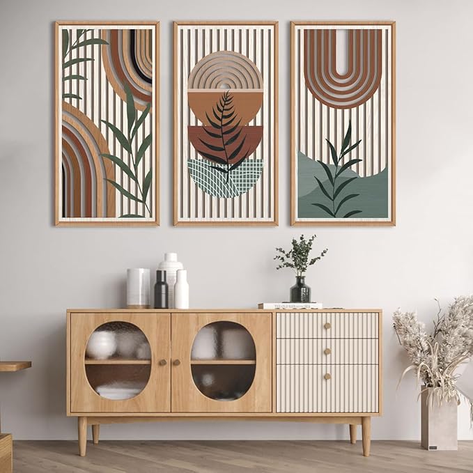 IARTTOP Large Boho Wall Art Set Of 3 Framed Mid Century Modern Wall Decor Abstract Geometric Wood Wall Art For Bedroom Living Room Office 16"x 32"