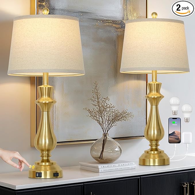 Modern Gold Table Lamps Set of 2 for Living Room,30" Tall Bedside Lamp with USB Charging Port,3-Way Dimmable Touch Nightstand Lamp for Bedroom Desk Side Table Office,Gold