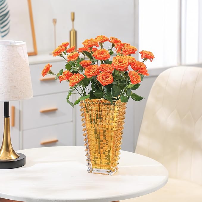 MCMCNCUIU Crystal Vase, Large Crystal Vases for Flowers, Amber Large Flower Vase, Modern Glass Vases for Living Room, Bedroom, Kitchen, Dining Table, Mantle, Wedding, 9 Inches
