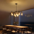 9-Light Brushed Nickel Glass Chandelier, Adjustable Height Hanging Industrial Dining Room Chandelier Over Table, Modern Farmhouse Chandelier for Kitchen Island Living Room Entryway Bedroom