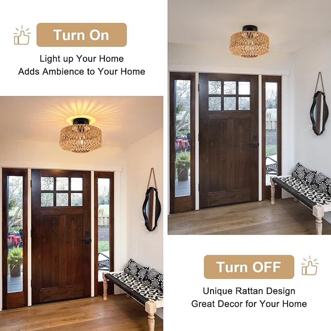 Boho Light Fixtures Ceiling Mount, Mini Boho Rattan Chandelier, Woven Flush Mount Ceiling Light Fixture for Hallway Bedroom Kitchen Entryway Living Room Nursery