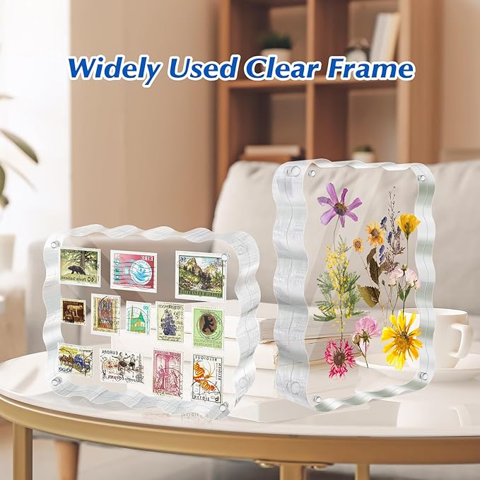 3 Pack 5x7 Acrylic Magnetic Picture Frame, 20 mm Thick Clear Double Sided Freestanding Photo Frame, Transparent Frameless Floating Frames with Magnets Corners, Scalloped