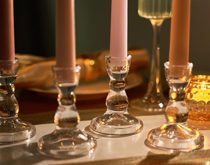Glass Taper Candle Holders Small Clear Candlestick Holders Bulk, Thickened Glass Crystal Candle Sticks Set for Dining Table Wedding Party Fireplace Mantle Table Centerpiece Decor, 10Pcs