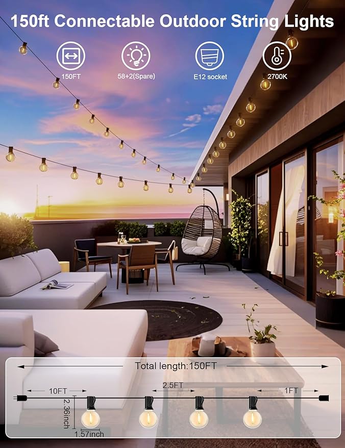 RTTY Outdoor String Lights 150 FT Globe LED Patio Lights with G40 Plastic Bulbs,Waterproof Shatterproof Dimmable Connectable Hanging for Backyard Porch Balcony Party Cafe Deck Decor