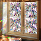 Stained Window Film Decorative Purple Magnolia Flower Static Glass Clings Stickers for Home Office Living Room Bedroom Glass Windows Door Decor 16.93 x 39.37 Inches