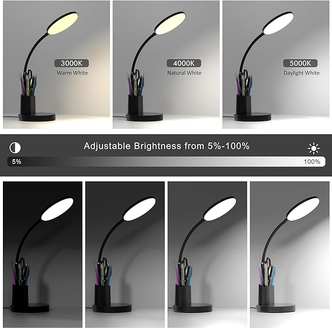 Desk Lamp, LED Desk Lamp for Home Office, Touch Table Lamp with 3 Color Modes 360° Adjustable Arm, Dimmable Desk Light with Pen Phone Holder, Black
