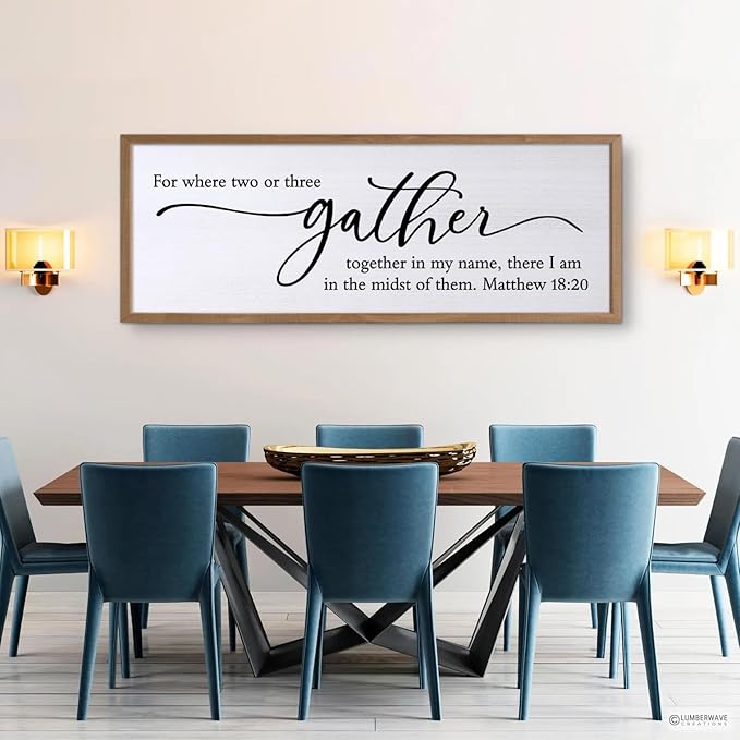 For Where Two Or Three Gather Sign Dining Room kitchen Wall Decor Bible Verse Scripture Matthew 18:20 Wooden Frame 32X12 Inch for Christian Family Hanging Art (Wood)
