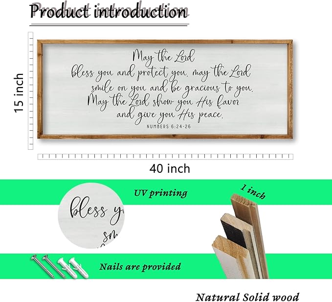 ZZJJHYWGQ Christian Wall Decor Numbers 6:24-26 Bible Verse Catholic Sign 40"×15" for Living Room Religious Scripture Art Christ Jesus Family Large Wooden Framed Home Hanging (Wood)