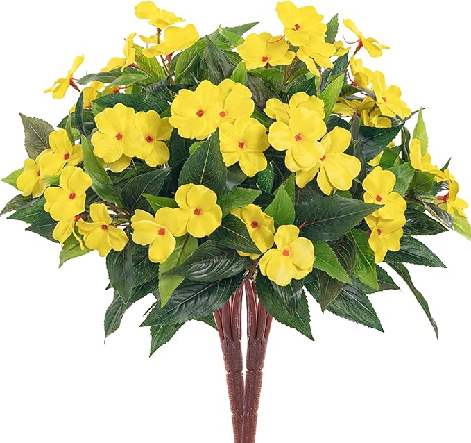 Artificial Impatiens Bouquet Flowers for Outdoors Silk Faux Flowers for Outdoor Impatiens Plants Decor Indoor Planters Kitchen Planters and Balcony Decorations 2PCS（Yellow ）