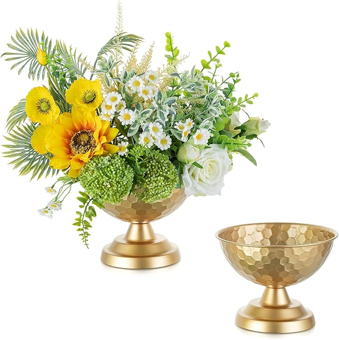 Sziqiqi Urn Vase Gold Centrepiece: 5.5in Small Vintage Vases Set for Table Decorations - Wedding Vase Elegant for Floral Arrangement - Metal Honeycomb Flower Pot for Party Reception Dinner Table