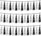 3P Black Silver Foil Fringe Metallic Tassel Streamers Banner Tassel Garland for Parade Floats, Graduation, Wedding, Birthday, Halloween, Christmas, Bridal/Baby Shower Party Decorations