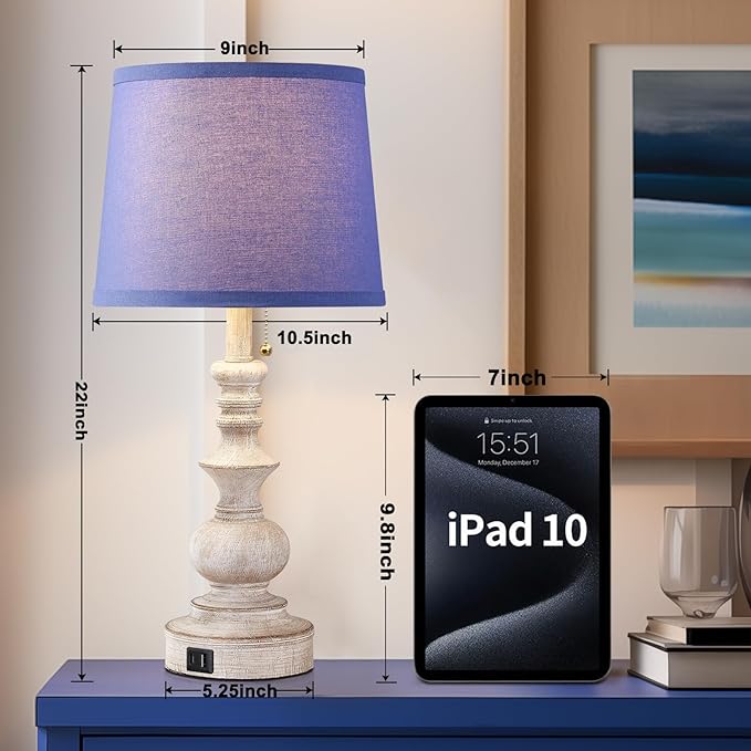 22'' Farmhouse Bedroom Table Lamps Set of 2 Bedside Nightstand Lamps with USB A/C Charging Ports Small Side Table Lamps for Living Room End Tables, Wooden Finish, Blue Shade, Bulb Not Included