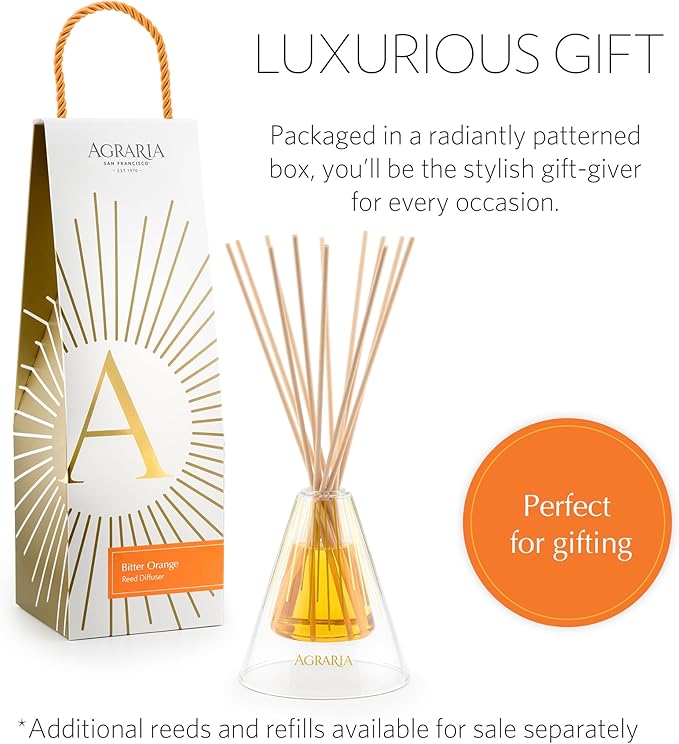 Agraria Bitter Orange Reed Diffuser Set, 12 Reeds Essential Oil Freshener Sticks, Scent Diffusers for Home Fragrance, Scented Oil Diffuser Gift Box