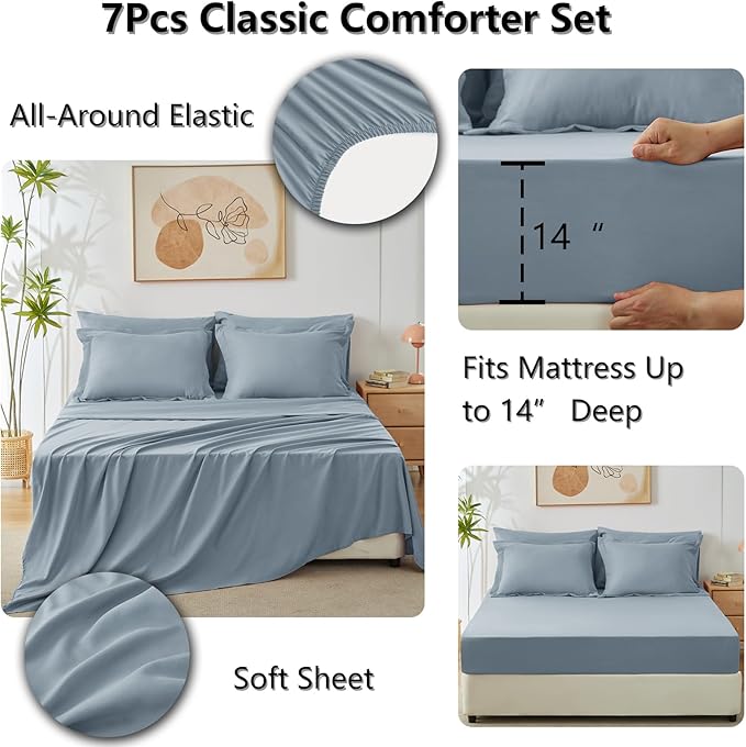 CozyLux King Size Comforter Set Dusty Blue - 7 Pieces Bed in a Bag King, Luxury Soft Bed Set for All Seasons, Bedding Set with Down Alternative Comforter, Sheets, Pillowcases & Shams, Grayish Blue