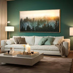 Living Room Wall Art Sunrise Misty Forest 24"x48" Modern Home Wall Decor Plants Wall Decorations Framed Artwork for Bedroom Dining Room Office Hotel