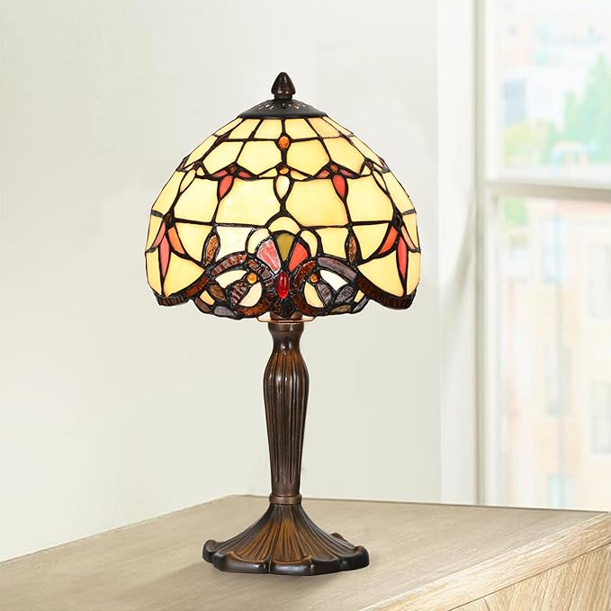 TL0007 Tiffany Lamp Baroque Design Stained Glass Table Lamp 8" D x 14.25" H for Living Room Bedroom Bedside Nightstand Home Office, LED Bulb Included (Beige Baroque)
