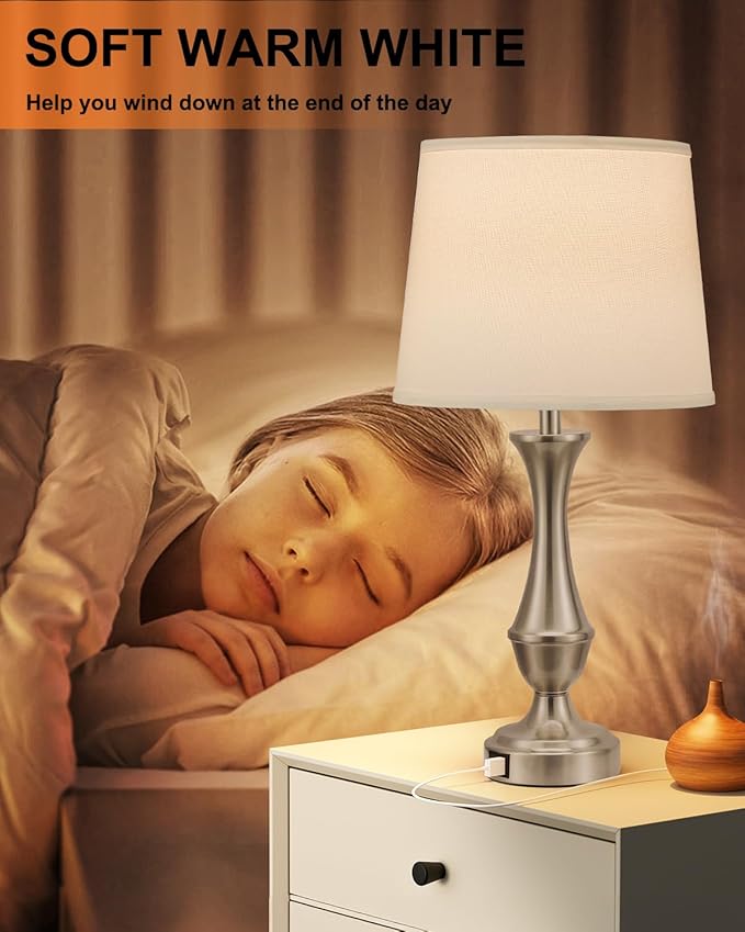 Upgraded Touch Lamps for Night Stands Set of 2 - Bedside Lamps with USB C+A, 3 Way Dimmable for Bedroom Living Room End Tables Office (White&Nickel)