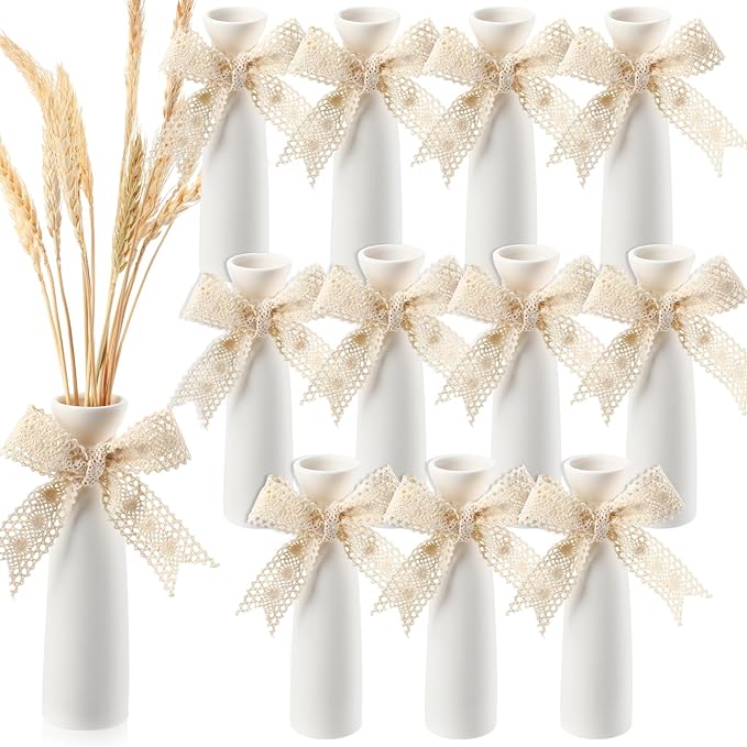 12 Pcs Ceramic White Vases for Home Decor with Cotton lace and Rope 7.09 inch Tall Vases for Centerpieces Modern Floral Vase Wedding Party Event Home Office Decoration