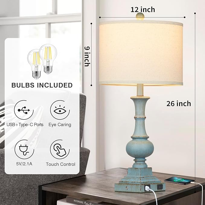 Farmhouse Table Lamps Set of 2, Rustic Touch Control Bedside Lamps with 2 USB Ports & AC Outlet, Vintage Resin 3-Way Dimmable Nightstand Lamp Linen Fabric Shade for Living Room Bedroom Decor Blue