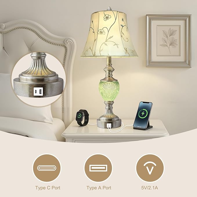 Bedside Table Lamp Set of 2 with Nightlight and USB A+C Ports, 27'' High Vintage Table Lamps with Silver Leaf Finish and Embroidered Shade, Nightstand Lamps Decor for Bedroom Living Room Home Office