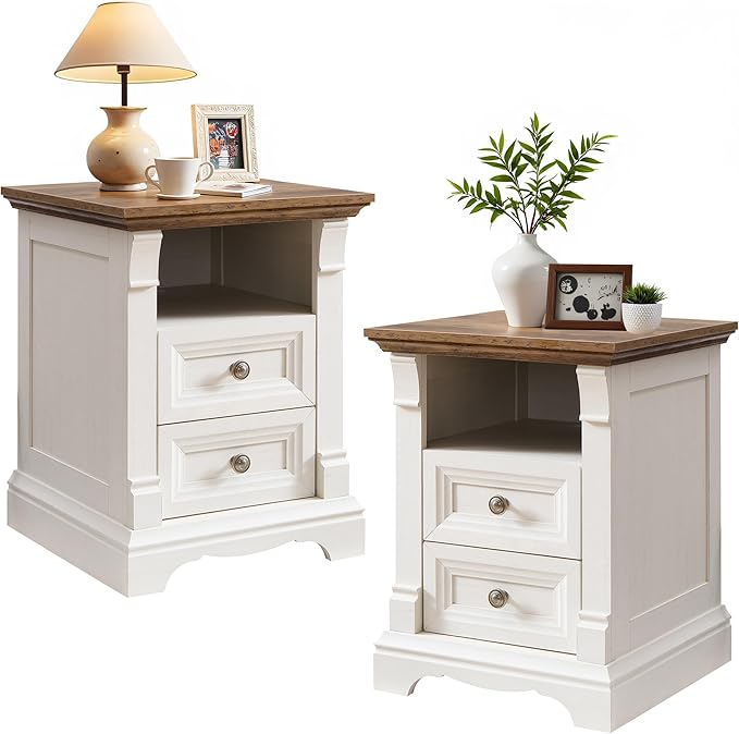 Farmhouse Nightstand Set of 2, 18" End Table with 2 Drawers Storage, Wood Side Table w/Roman Column, Bedside Cabinet for Bedroom, Living Room, Antique White