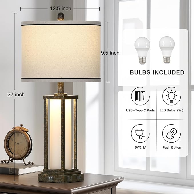 27" Tall Vintage Table Lamp Set of 2 with USB C+A & Outlet,Bronze Industrial End Table Lamp for Living Room,Farmhouse Rustic Bedside Lamps with Frosted Glass Night Light for Bedroom Nightstand,Bronze