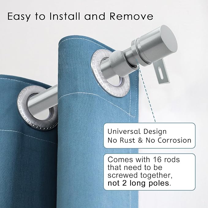 Curtain Rods for Windows 16 to 240 Inches Adjustable Length 1 Inch Diameter Window Curtain Rod with Aluminium End Cap, Silver Gray