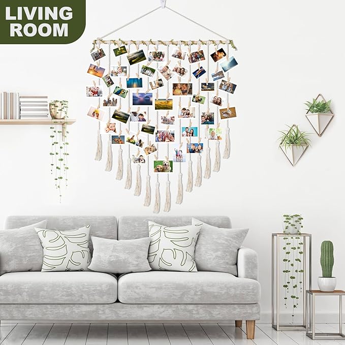Hanging Photo Display boho bedroom decor teenage girl room decor Birthday Gifts for Grandma gift for mom Grandma’s Gifts - from Daughter, Granddaughter and Grandson - Mom Grandmothers Photo Holder，with 30 Wood Clips, 35" L x 30'' W