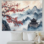 keowhsf Japanese Tapestry Aesthetic Wall Decor – Watercolor Ink Landscape with Red Plum Blossoms and Misty Mountains, Asian Art Hanging for Bedroom, Living Room, Dorm