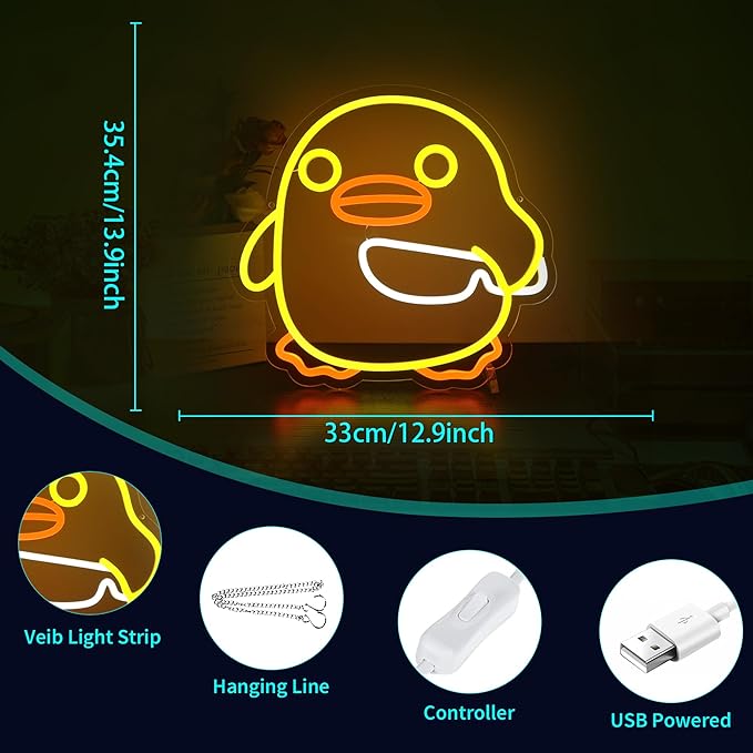 Duck Neon Sign, HSJNJKFU Neon Signs for Wall Decor Yellow Duck Animal Led Sign Light Up Sign for Room Birthday Party Home - LED Neon USB Powered