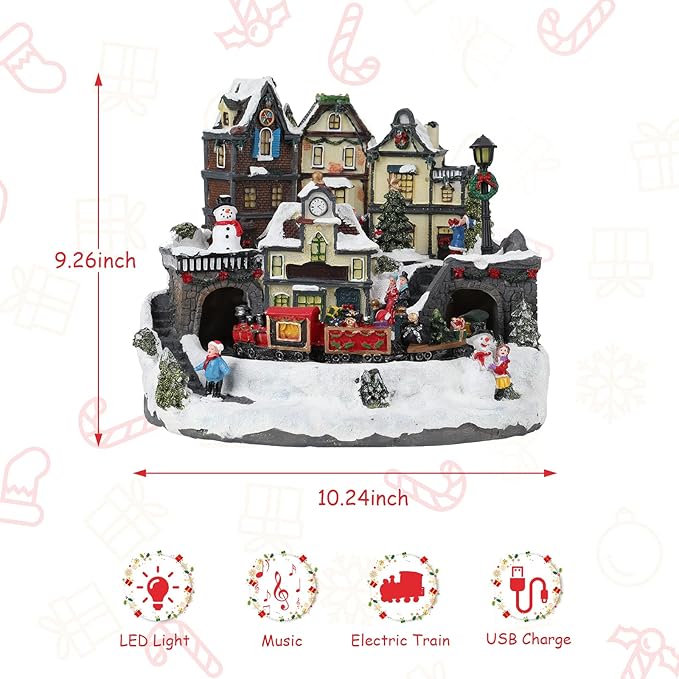 taman Christmas Village Houses - Collectible Buildings with Moving Train, Family & Snowman, Warm Light Musical Ornaments for Christmas Holiday Decorations