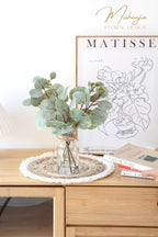 Artificial Eucalyptus Stems in Glass Vase with Faux Water,5Pcs Fake Plant with Double-Sided Leaves and Green Seeds for Centerpiece (Double-Sided Green Eucalyptus with Seed)