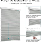 Changshade Cordless Cellular Shades, Light Filtering Honeycomb Shades for Windows, Pull Down Pleated Blinds, Easy to Install for Indoor Windows and French Doors,53" W x 72" H, Grey