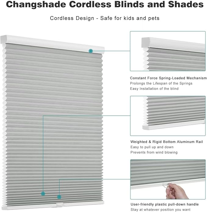 Changshade Cordless Cellular Shades, Light Filtering Honeycomb Shades for Windows, Pull Down Pleated Blinds, Easy to Install for Indoor Windows and French Doors,29" W x 72" H, Grey