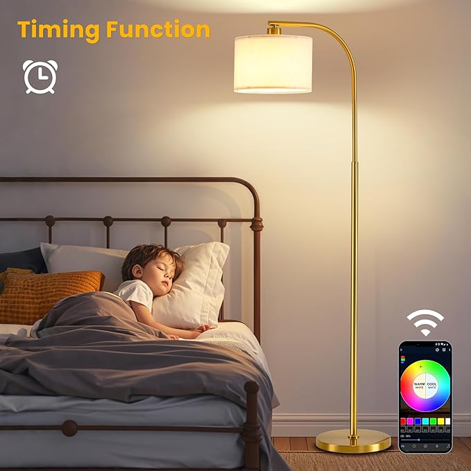 Floor Lamp for Living Room with Remote,Dimmable Tall Standing Lamps,Modern Floor Light with Smart RGB Bulb,App Control,3 Color Temperatures,Fabric Shades,Gold Floor Lamp for Bedroom Office Corner