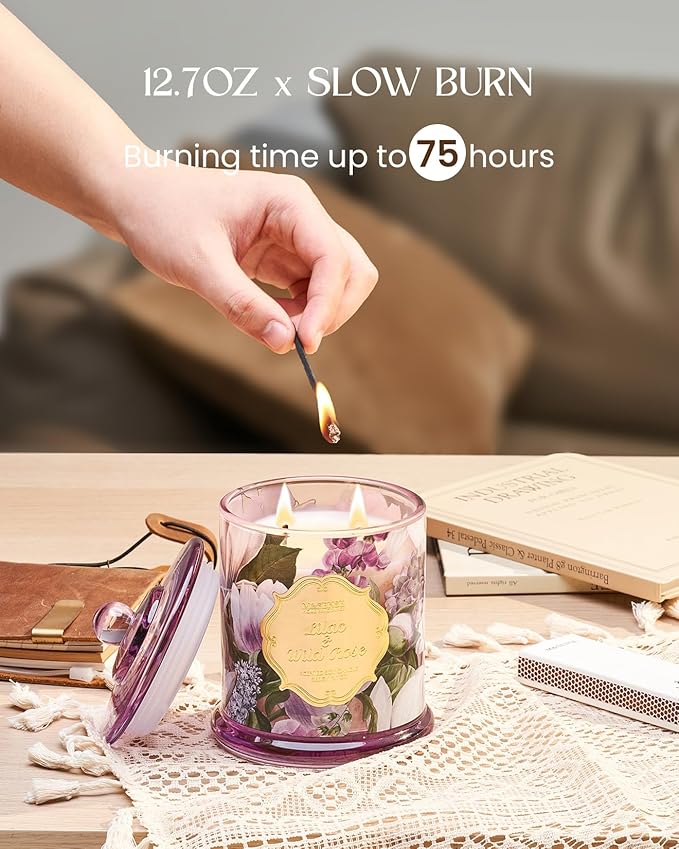 M&SENSE Lilac Rose Scented Candles, Natural Plant-Based Soy Candles Non Toxic, Relaxing Aromatherapy Candles for Bath Spa, 2 Wick 12.7oz Large Jar Candle 75 Hour Long Lasting Burn