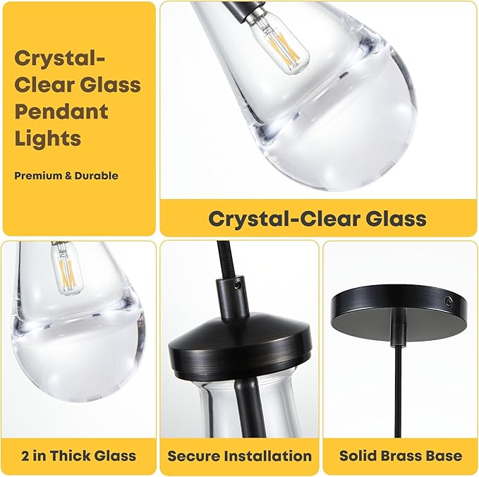 Raindrop Pendant Light for Kitchen Island, Black Modern Crystal Glass Modern Pendant Lights, pendant lights in kitchen island, E12 Bulb Pendant Lights Indoor island, for Dining Room,Living Room
