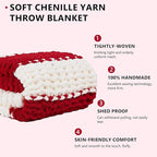 L'AGRATY Chunky Knit Blanket Throw: 72''x84'' Chenille Chunky Knitted Throw Blanket for Bed Couch - Handmade Thick Big Cable Knit Blanket - Large Chunky Crochet Blanket for Home Decor(Red White)