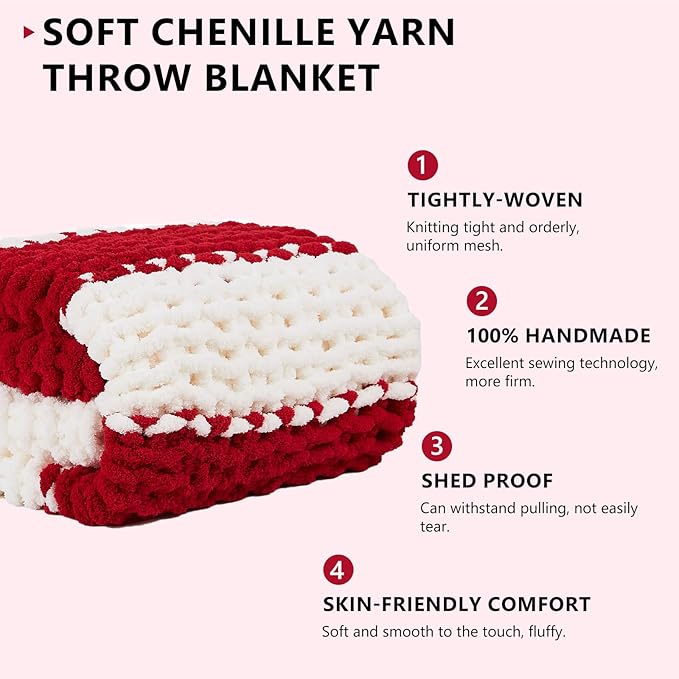 L'AGRATY Chunky Knit Blanket Throw - Soft Chunky Throw Blanket 60x80: 100% Hand Kintted Chenile Crochet Throw Blanket for Couch - Large Cable Knit Chunky Blanket for Home Decor(Red and White)