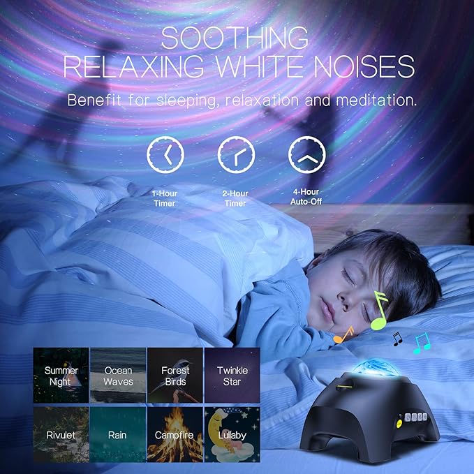 Northern Galaxy Light Aurora Projector with 33 Light Effects, Night Lights LED Star Projector for Bedroom Nebula Lamp, Remote Control, White Noises, Bluetooth Speaker for Parties, Jet Black