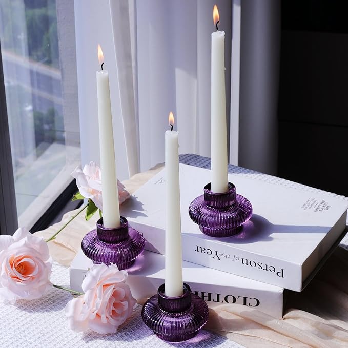 VOHO Purple Taper Candle Holders Ribbed Glass Gifts, 6 A Pack Candlestick Holders for Table Centerpiece Christmas/Halloween Decorations, Versatile Candle Holders for Candlesticks or Tea Lights Candles