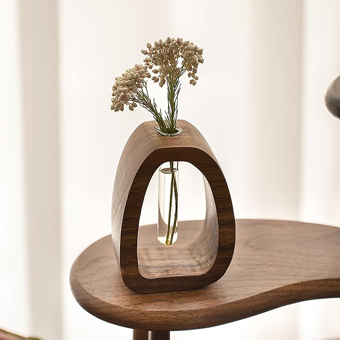 Solid Wood Frame Glass Test Tube Vase Desk Hydroponic Plant, Enhances Home and Office Environment, Small Size (Small)