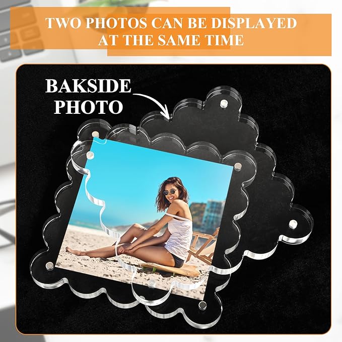 Clear Picture Frames 3Pack - Acrylic Magnetic Photo Frame 4×4 Inch, Double Sided Magnet Frames with Scalloped Edges, 10+10mm Thick Freestanding Gift for Office/Home(Clear, 4x4)