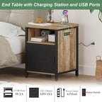 FATORRI End Table with Storage, Rustic Side Table for Living Room, Narrow Wood and Metal Bedside Tables with Door (Rustic Oak)